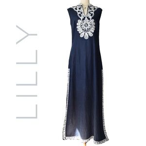Lilly Pulitzer Sea Island Tunic 100% Linen Embroidered Maxi Dress, Size M